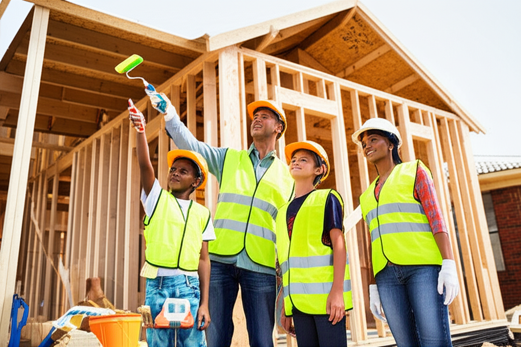 Professional construction team helping families